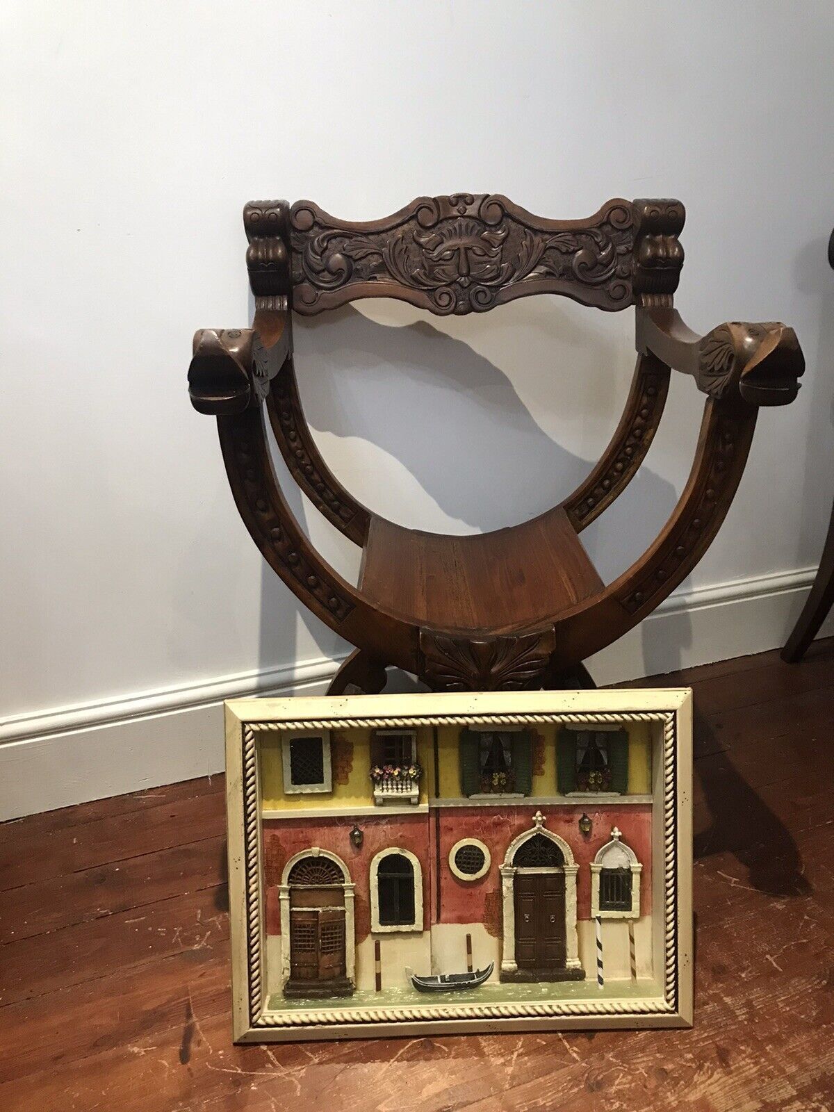 Carved Red Walnut X Frame Green Man Great Hall Chair photo vinterior