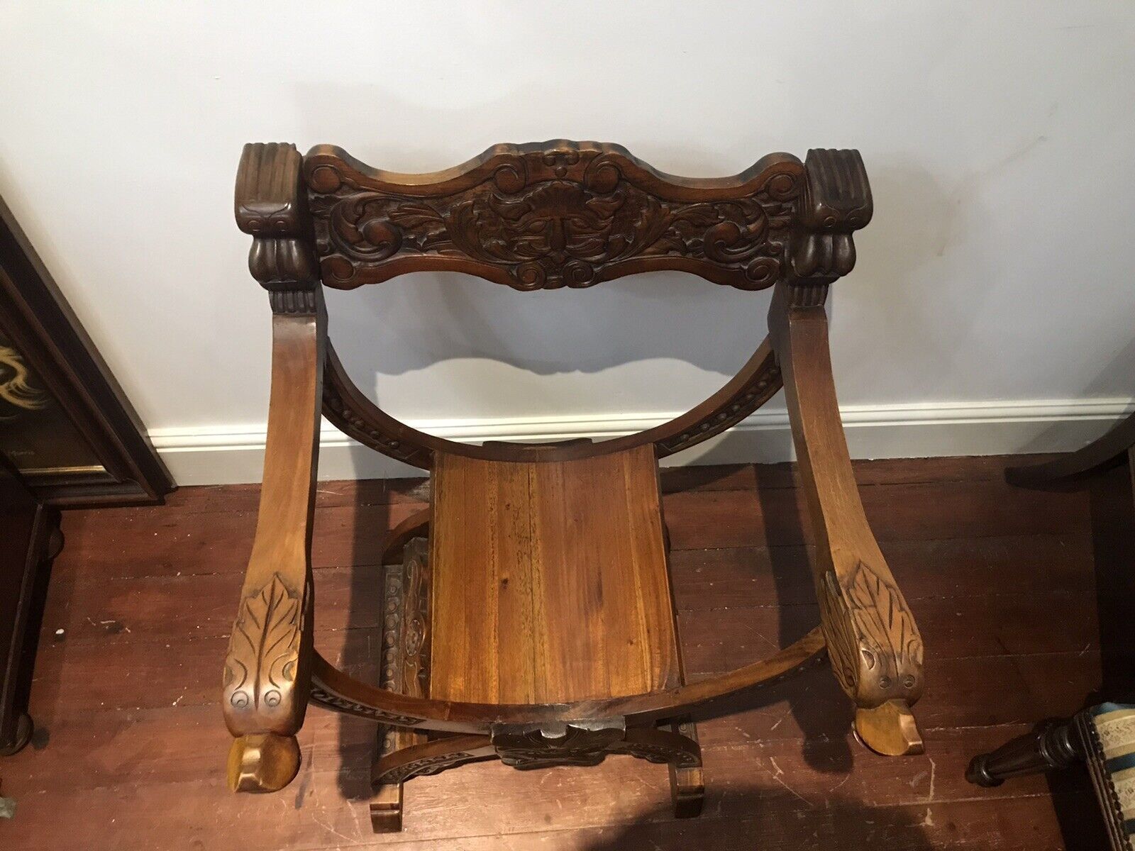 Furniture Carved Red Walnut X Frame Green Man Great Hall Chair photo