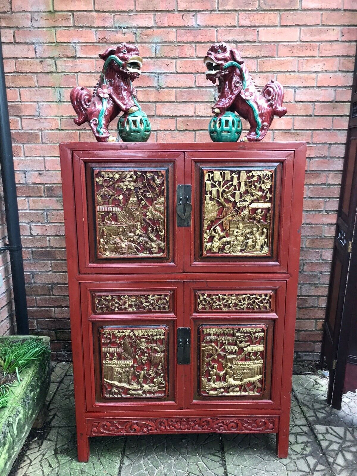 Rare Imperial Red Lacquer & Gilt Marriage Cabinet With Hand Carved Panels photo furniture