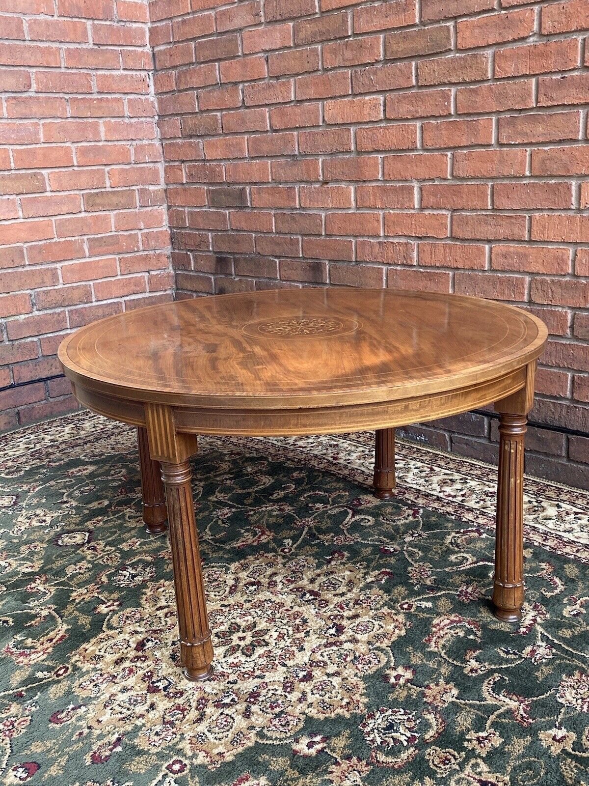 French Red Walnut Period Louis XVI Style Marquetry Inlaid Pillared Centre Table photo for sale