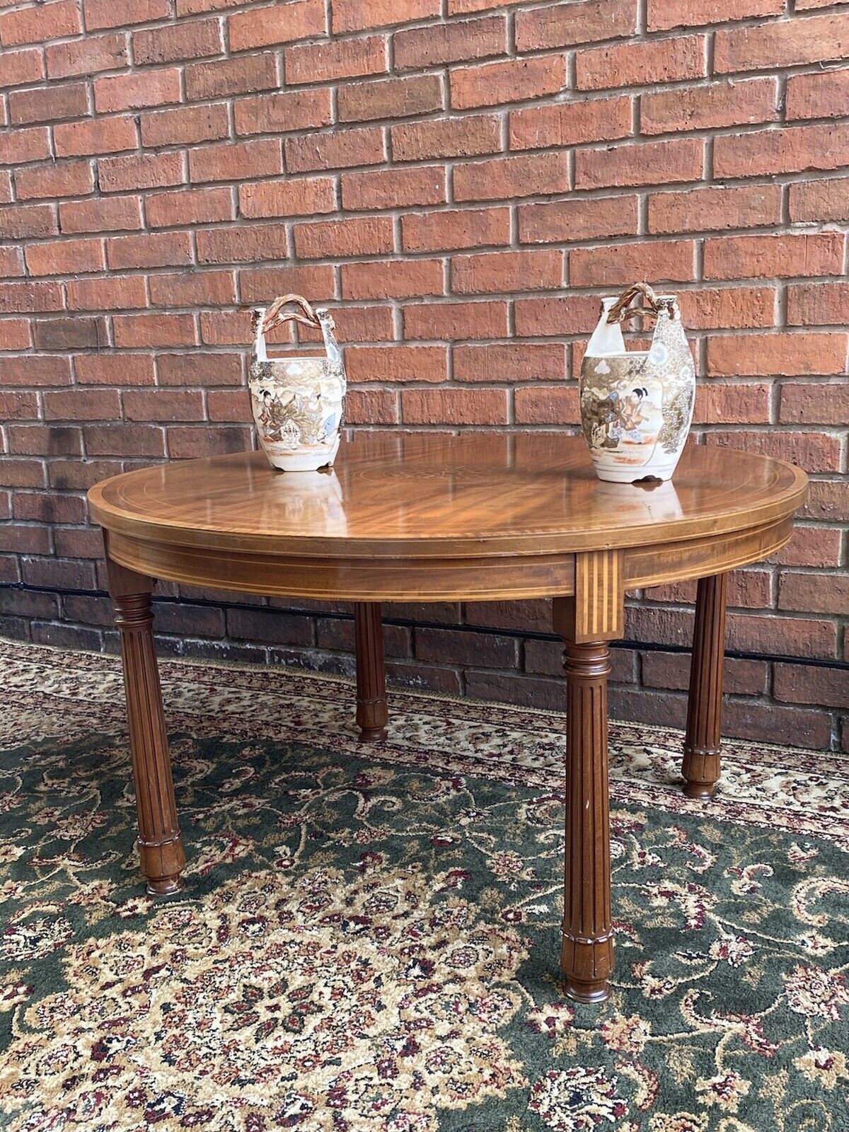 French Red Walnut Period Louis XVI Style Marquetry Inlaid Pillared Centre Table photo vintage