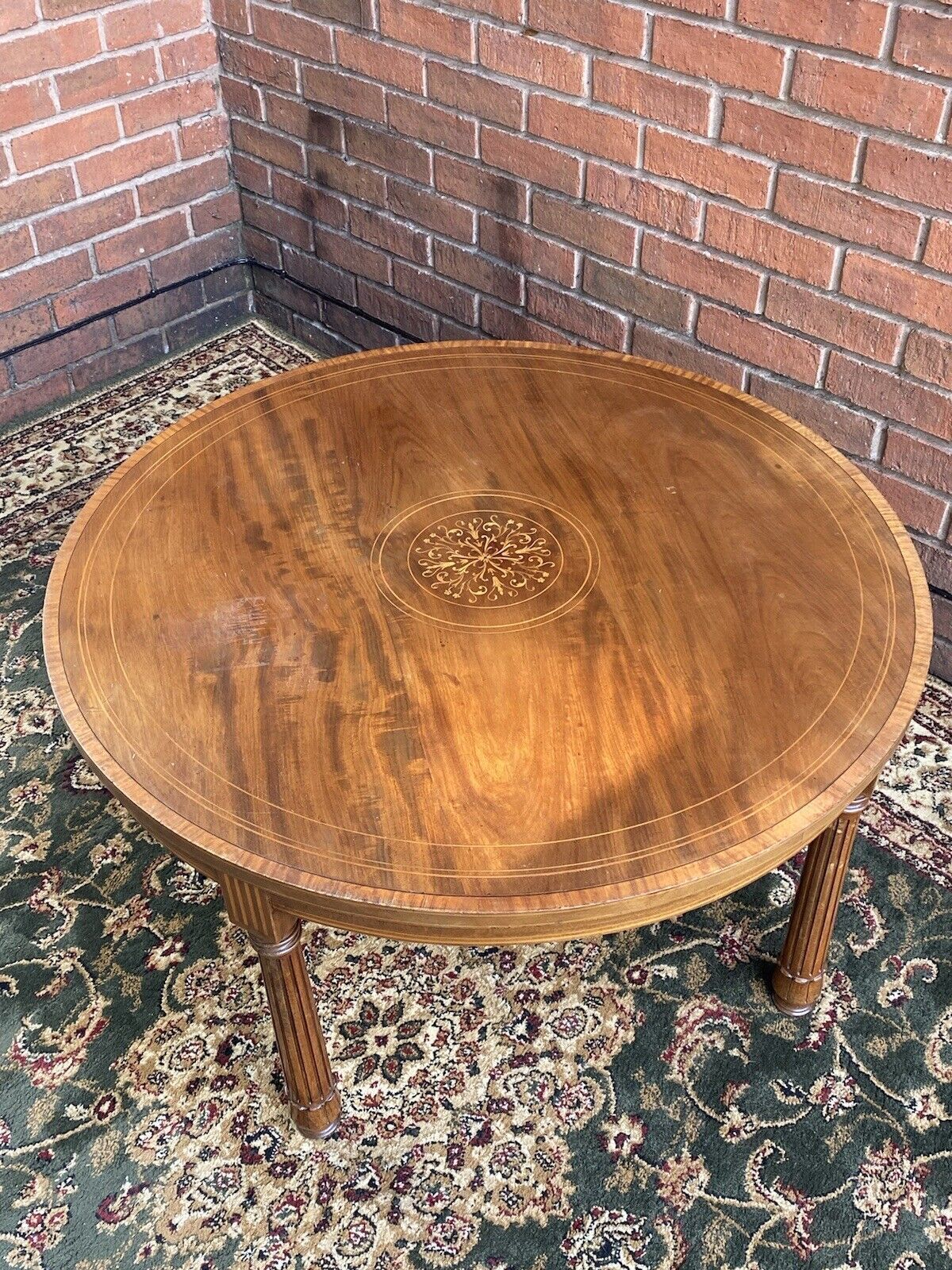 photo for sale French Red Walnut Period Louis XVI Style Marquetry Inlaid Pillared Centre Table