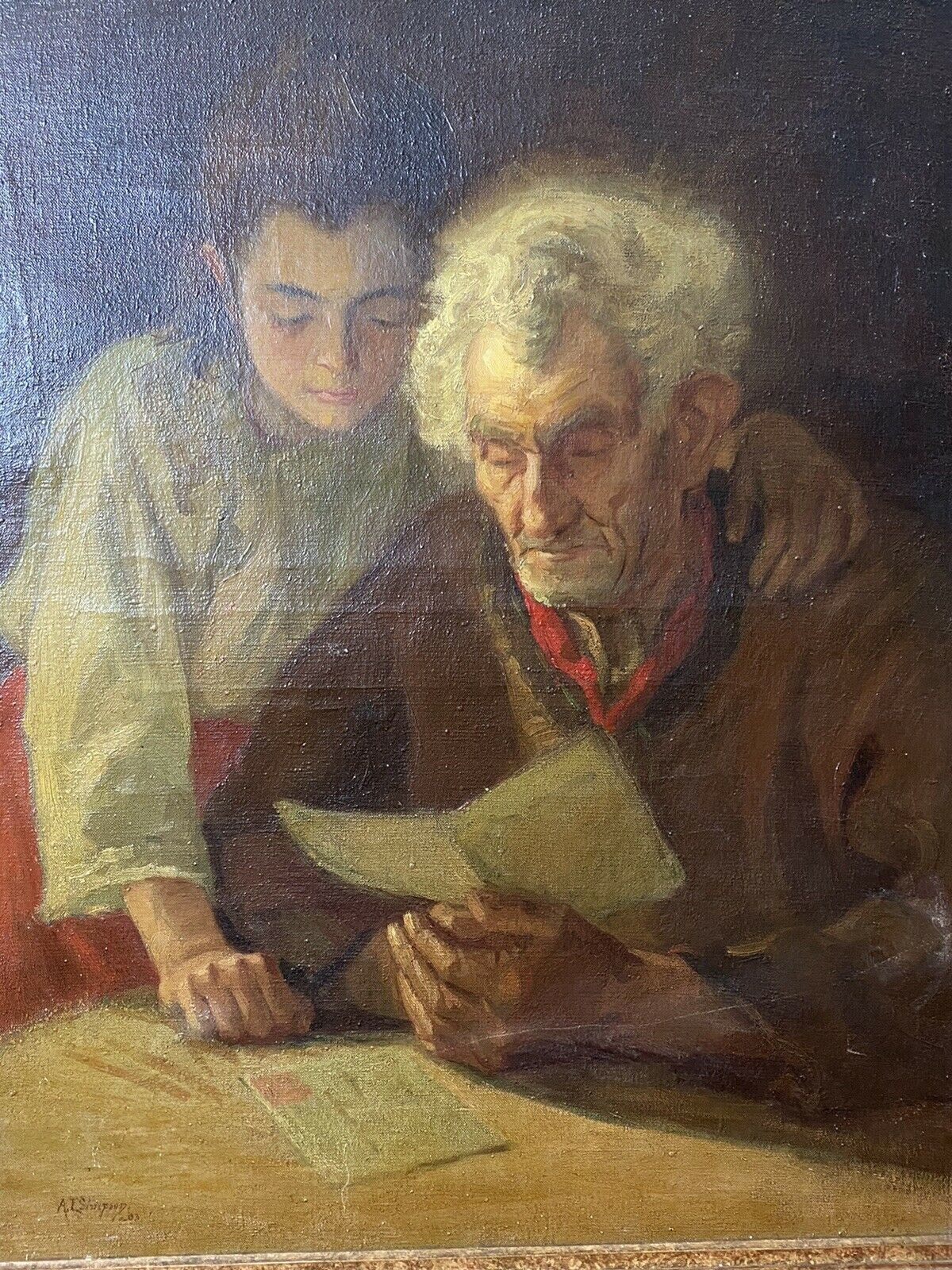 Double Portrait Of Grandfather & Grand Daughter Reading By A L Simpson photo for sale