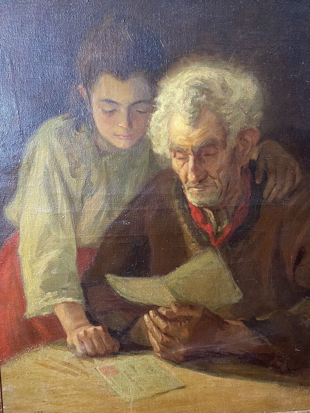 Double Portrait Of Grandfather & Grand Daughter Reading By A L Simpson photo vintage