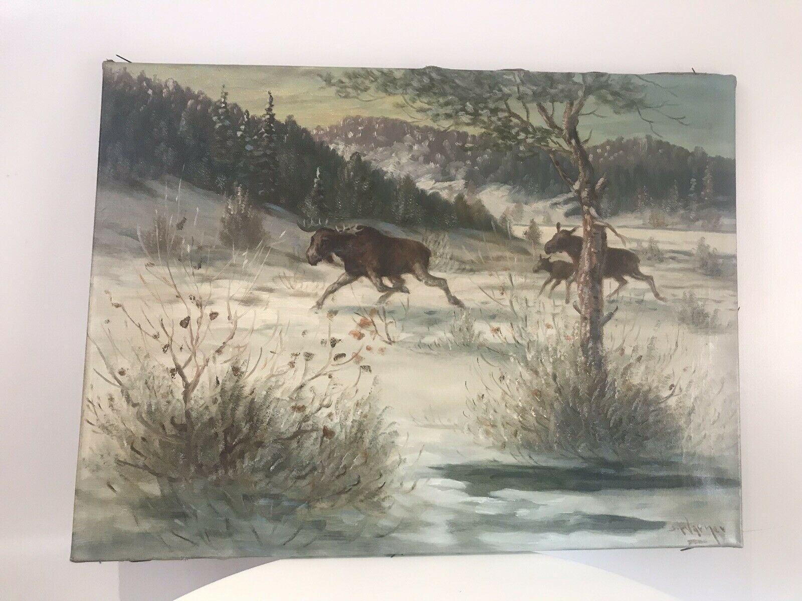 Stags In Snow Scene Original Oil Painting Signed By Artist S Warner photo for sale