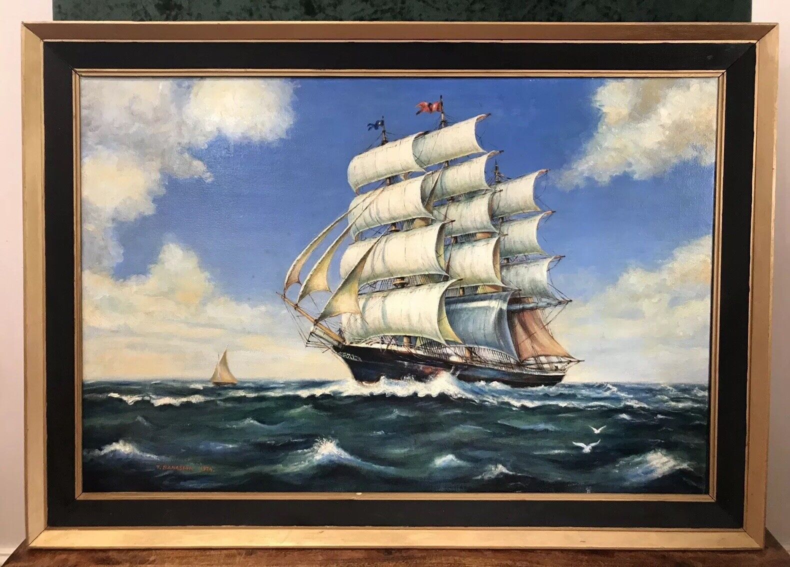 Oil On Canvas Marine Gallion Ship In Full Sail Sails Past Small Yacht