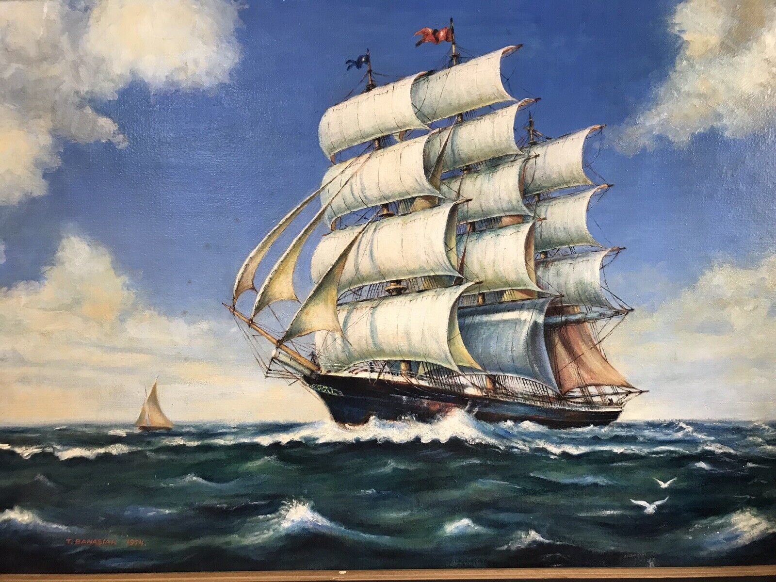 Oil On Canvas Marine Gallion Ship In Full Sail Sails Past Small Yacht photo 475.0