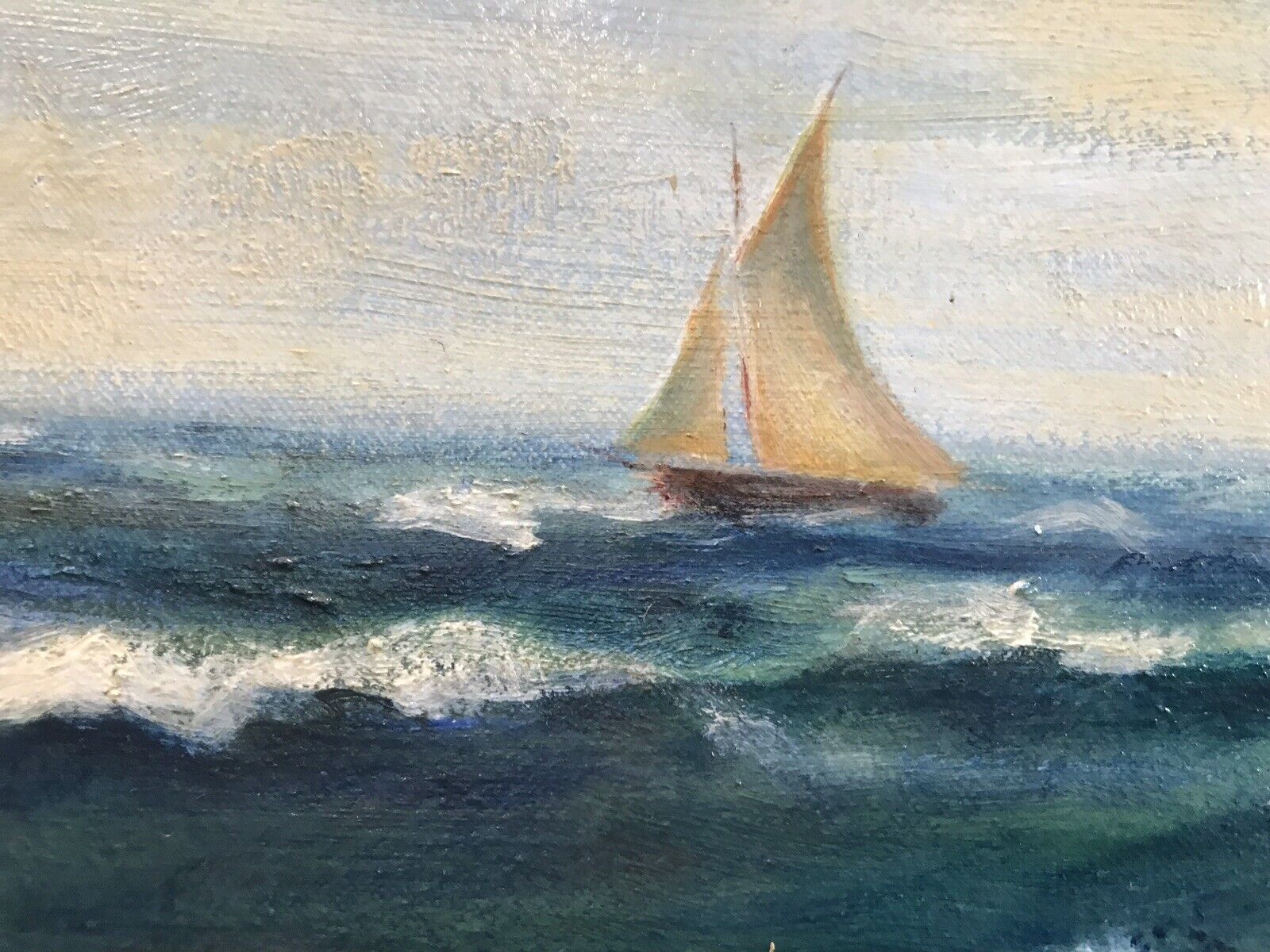 Oil On Canvas Marine Gallion Ship In Full Sail Sails Past Small Yacht photo vintage