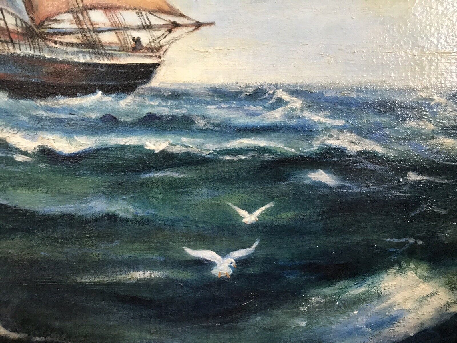 475.0 Oil On Canvas Marine Gallion Ship In Full Sail Sails Past Small Yacht photo