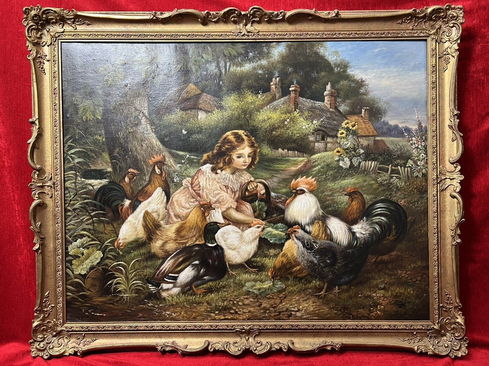 19th Century Oil Painting Of Victorian Girl Feeding Chickens In Landscape Signed