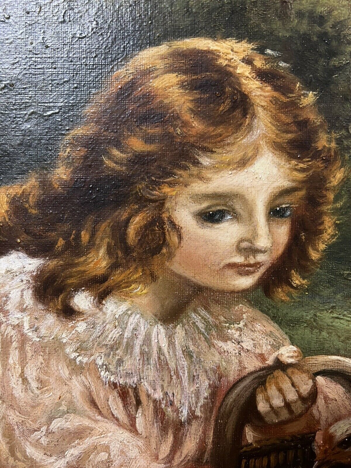 19th Century Oil Painting Of Victorian Girl Feeding Chickens In Landscape Signed photo Art