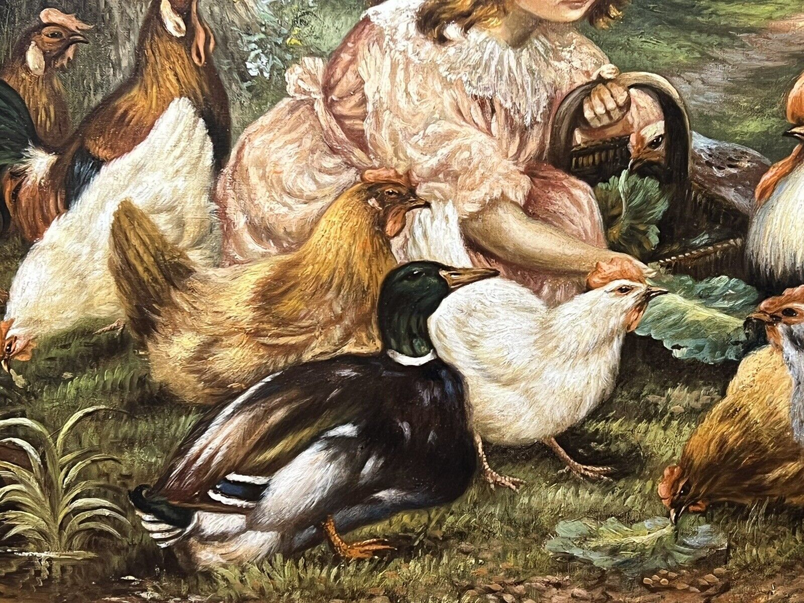 19th Century Oil Painting Of Victorian Girl Feeding Chickens In Landscape Signed photo vinterior