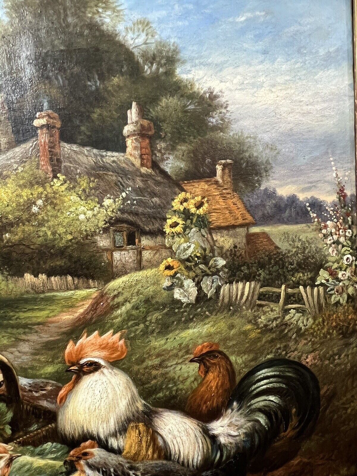 photo furniture 19th Century Oil Painting Of Victorian Girl Feeding Chickens In Landscape Signed