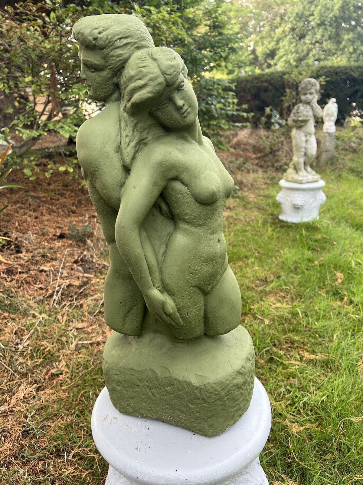 The Myth Of Adam & Eve Garden Trophy Sculpture On Cylindrical Plinth photo for sale