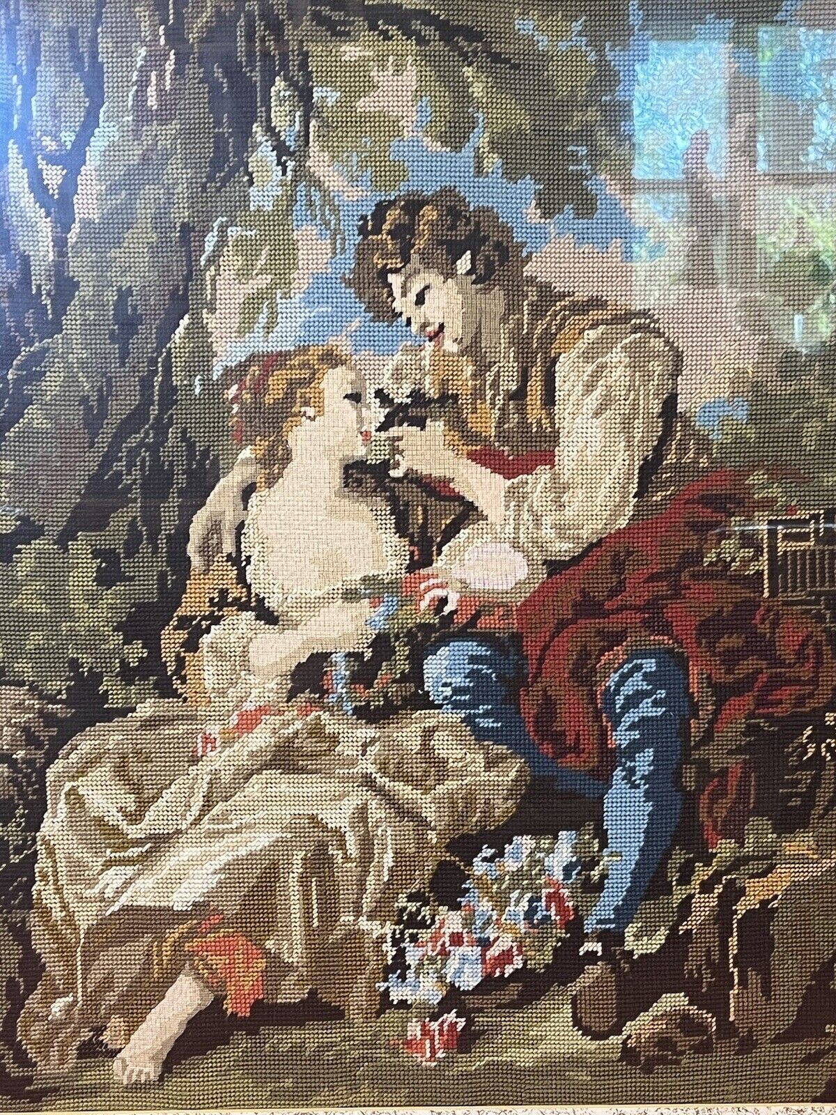 French Wool Work Tapestry Of Lovers Romancing In Garden Scene Framed photo furniture