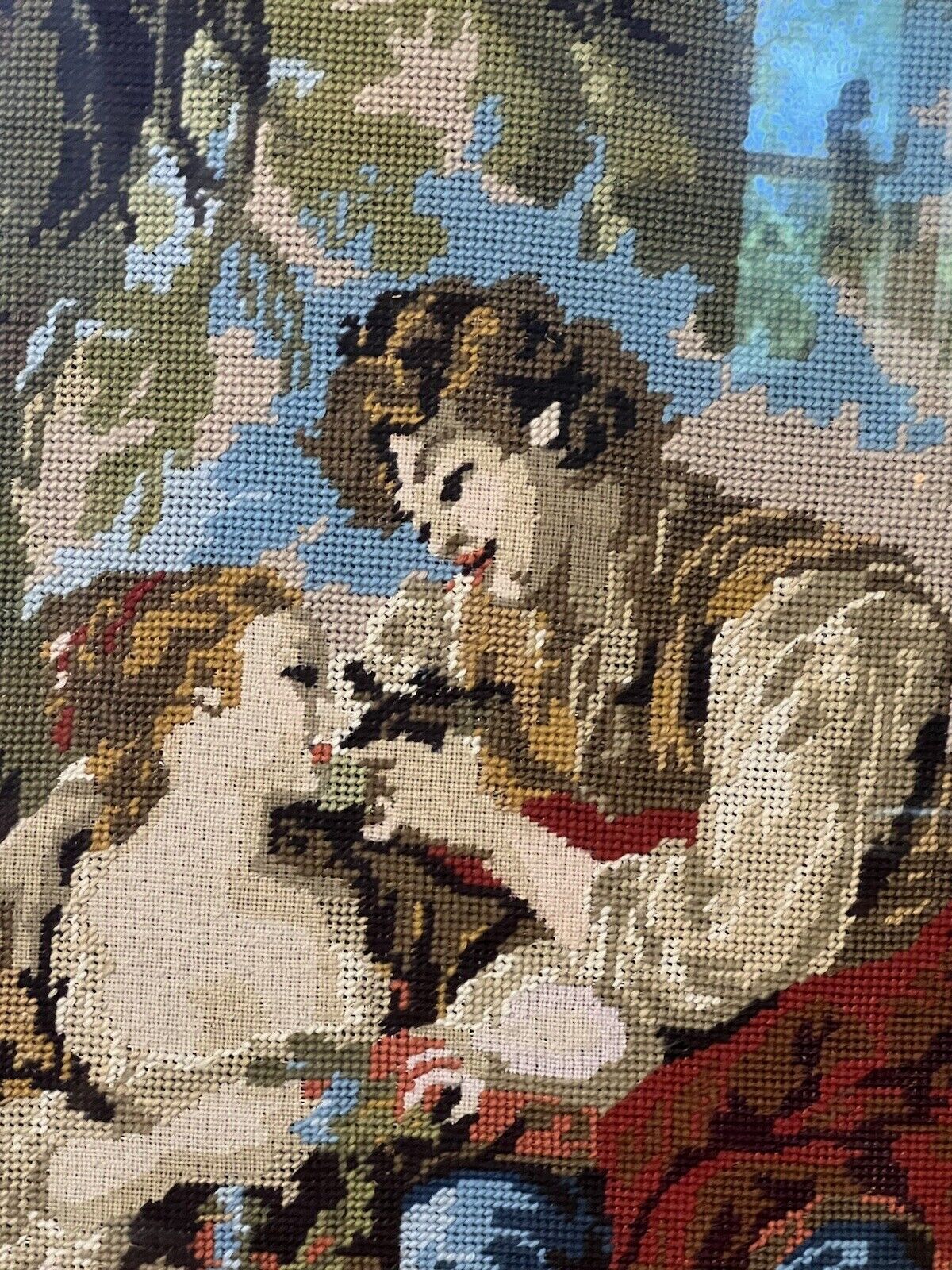 French Wool Work Tapestry Of Lovers Romancing In Garden Scene Framed photo buy