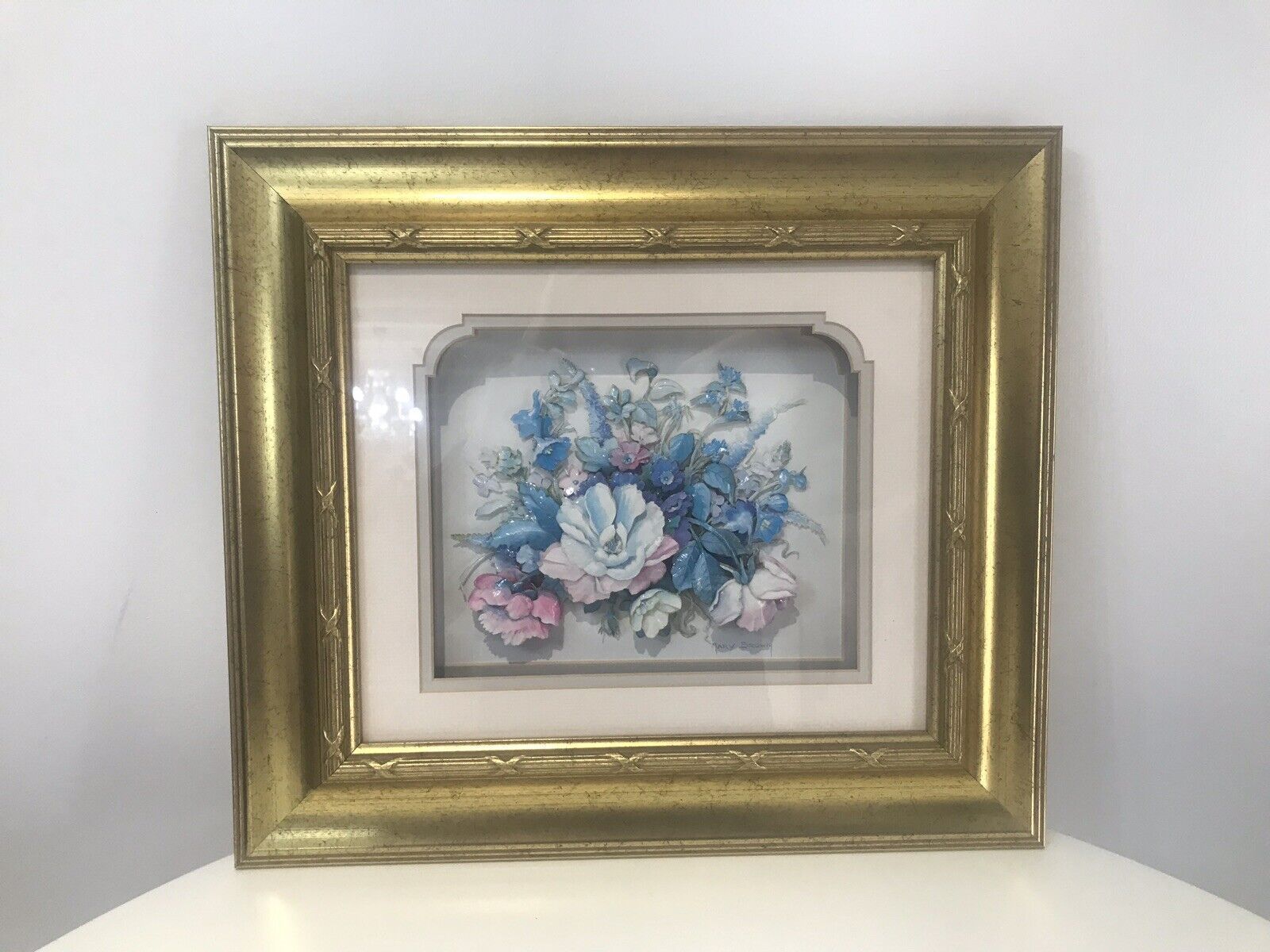 Fine Pair Crystal Porcelain Flower Ansamble Sculptures In Ornate Guilt Frames photo 120.0