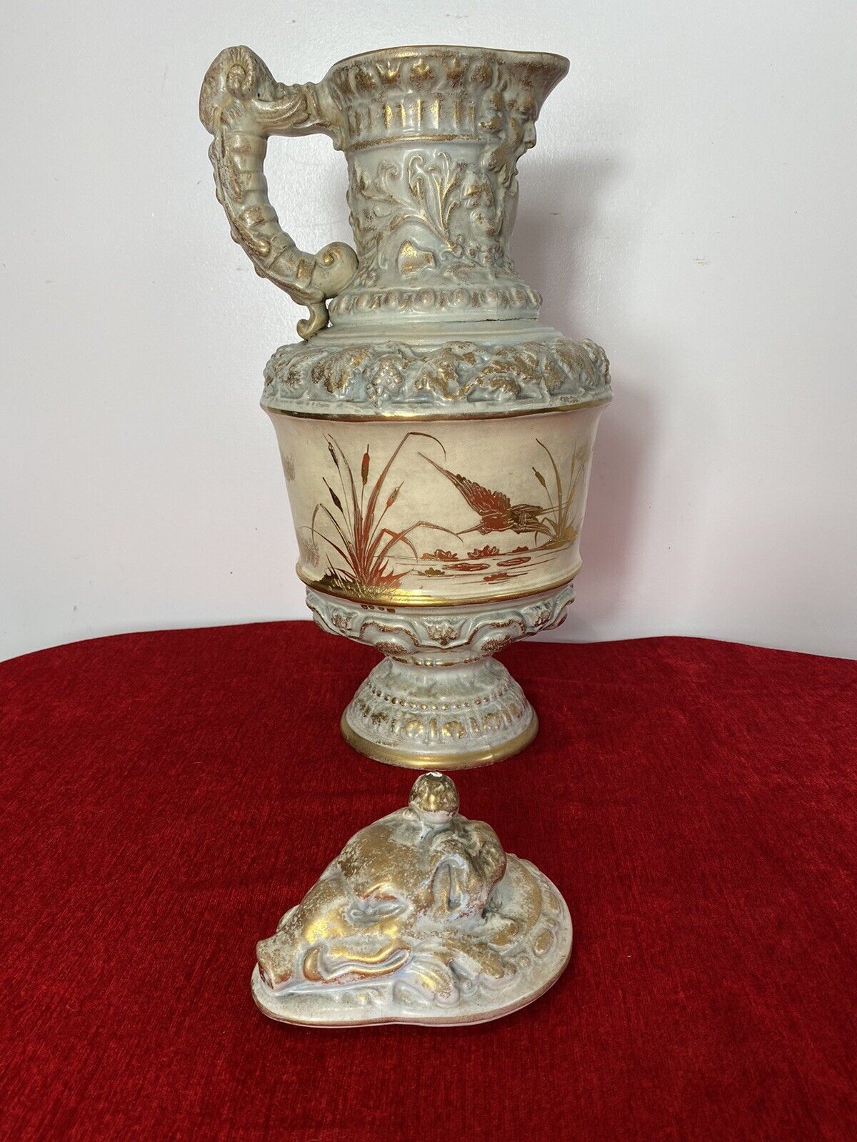 French Antique Classical Wine Ewer Decorated With Gilt Mural Of Herons photo vinterior