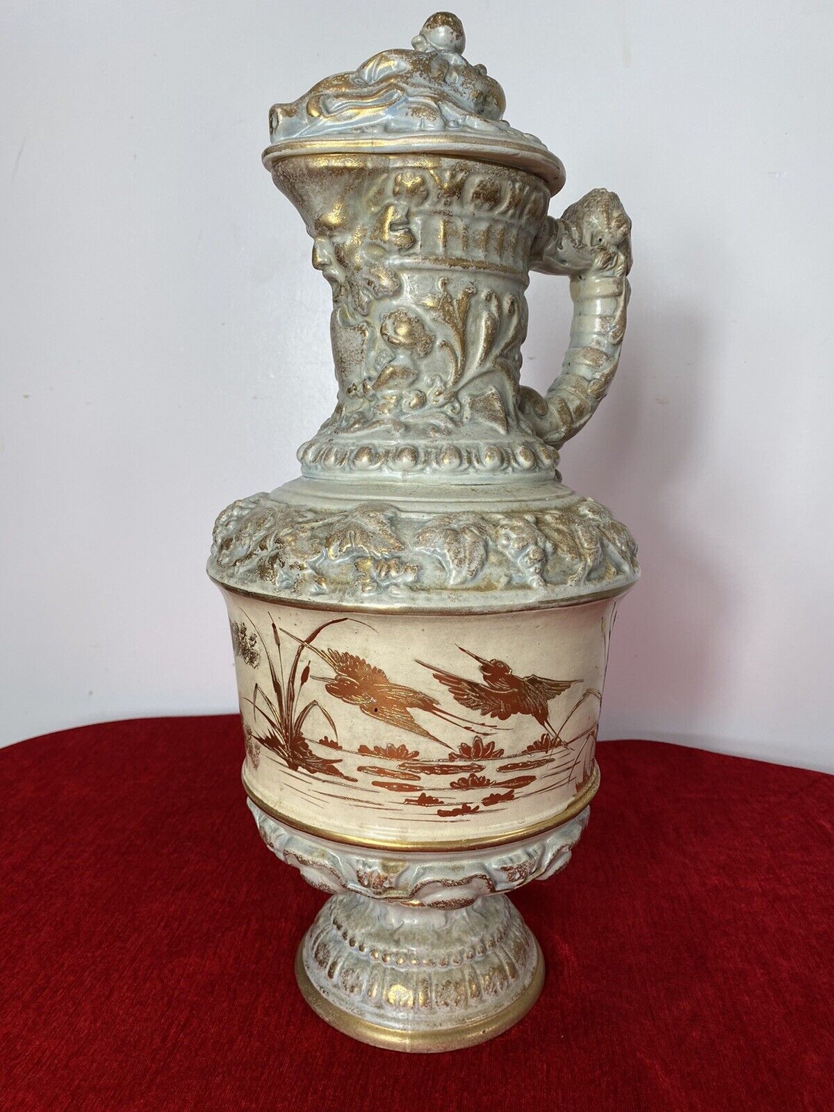 Home Decor French Antique Classical Wine Ewer Decorated With Gilt Mural Of Herons photo