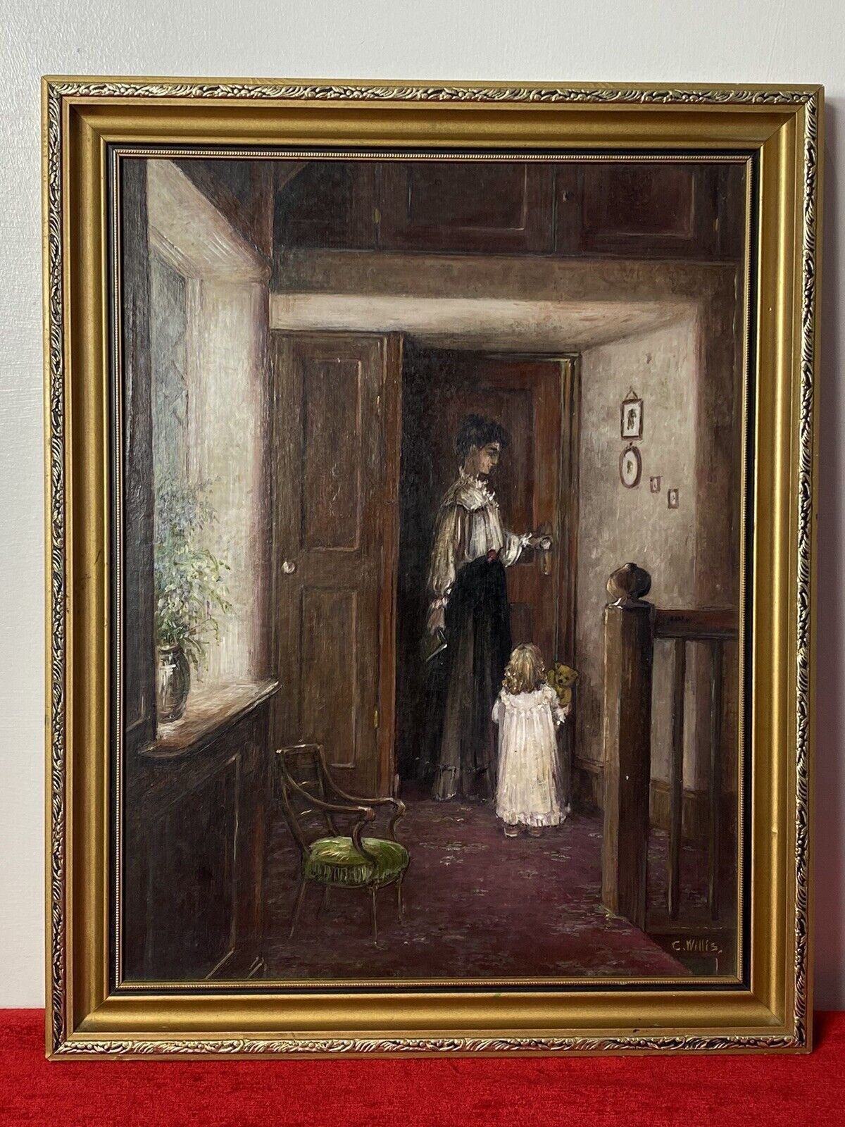Victorian Oil Painting Of Mother And Daughter In Interior Scene Signed C Willis