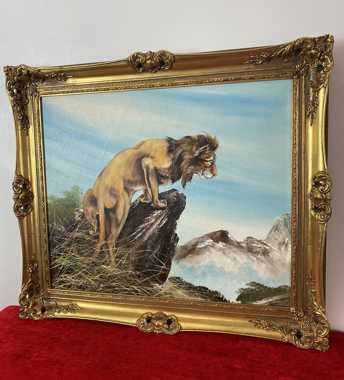 photo furniture 20th Century Lion Oil Artwork 'Leader Of The Pride' Signed J Thompson