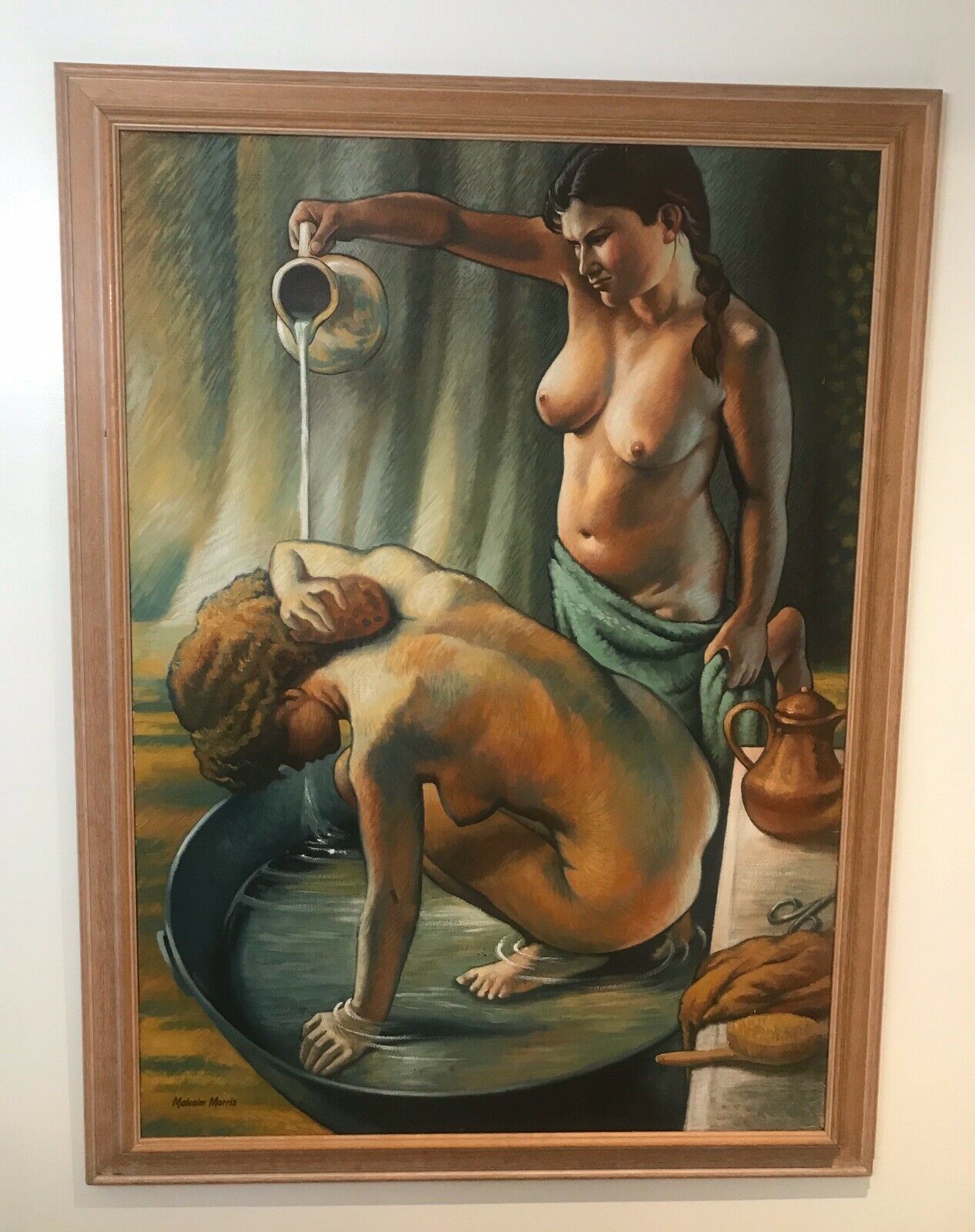 Fine Art 20th Century Bathtime With Two Nubile Ladies Oil Painting Signed