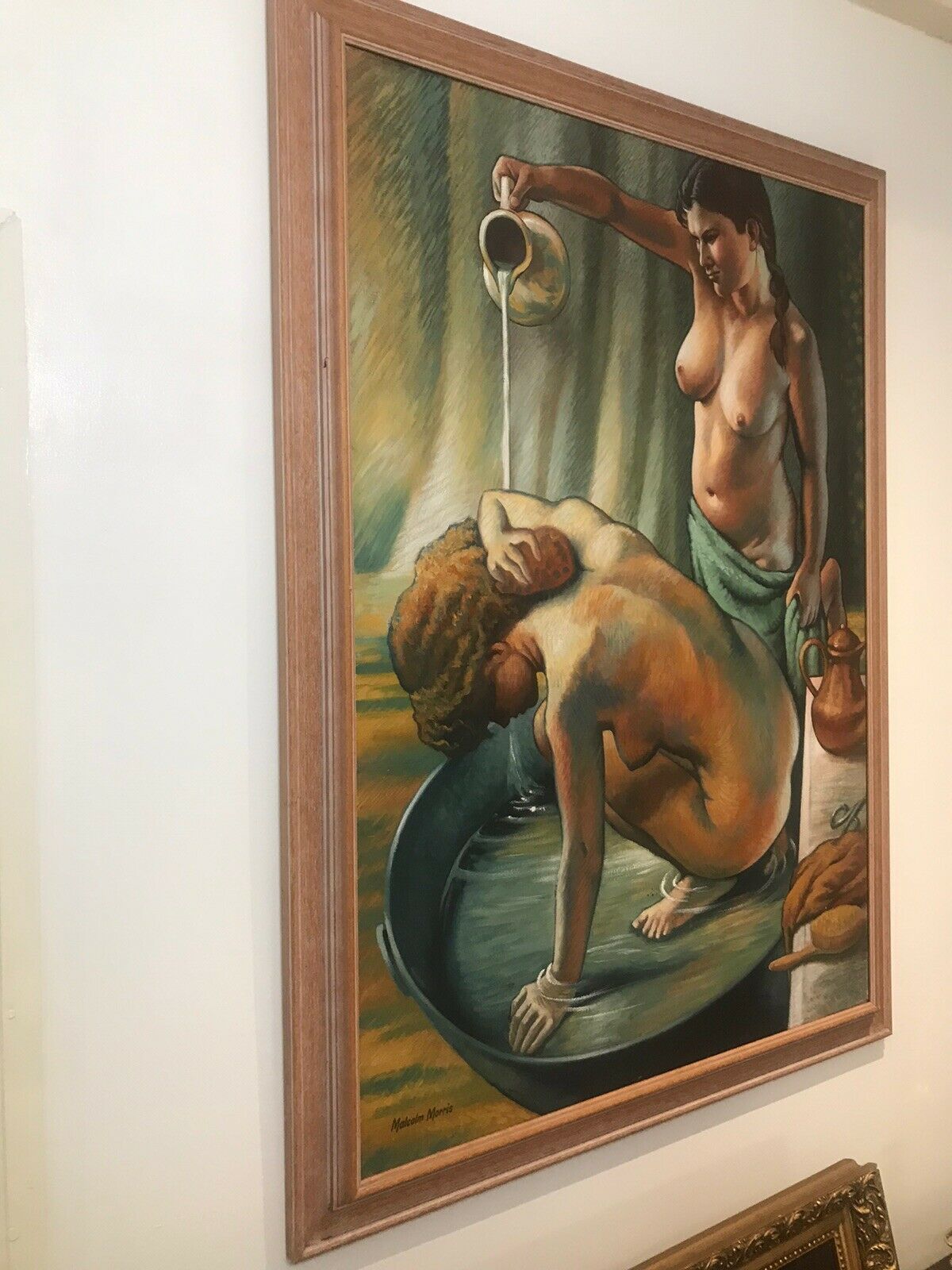 Fine Art 20th Century Bathtime With Two Nubile Ladies Oil Painting Signed photo Art