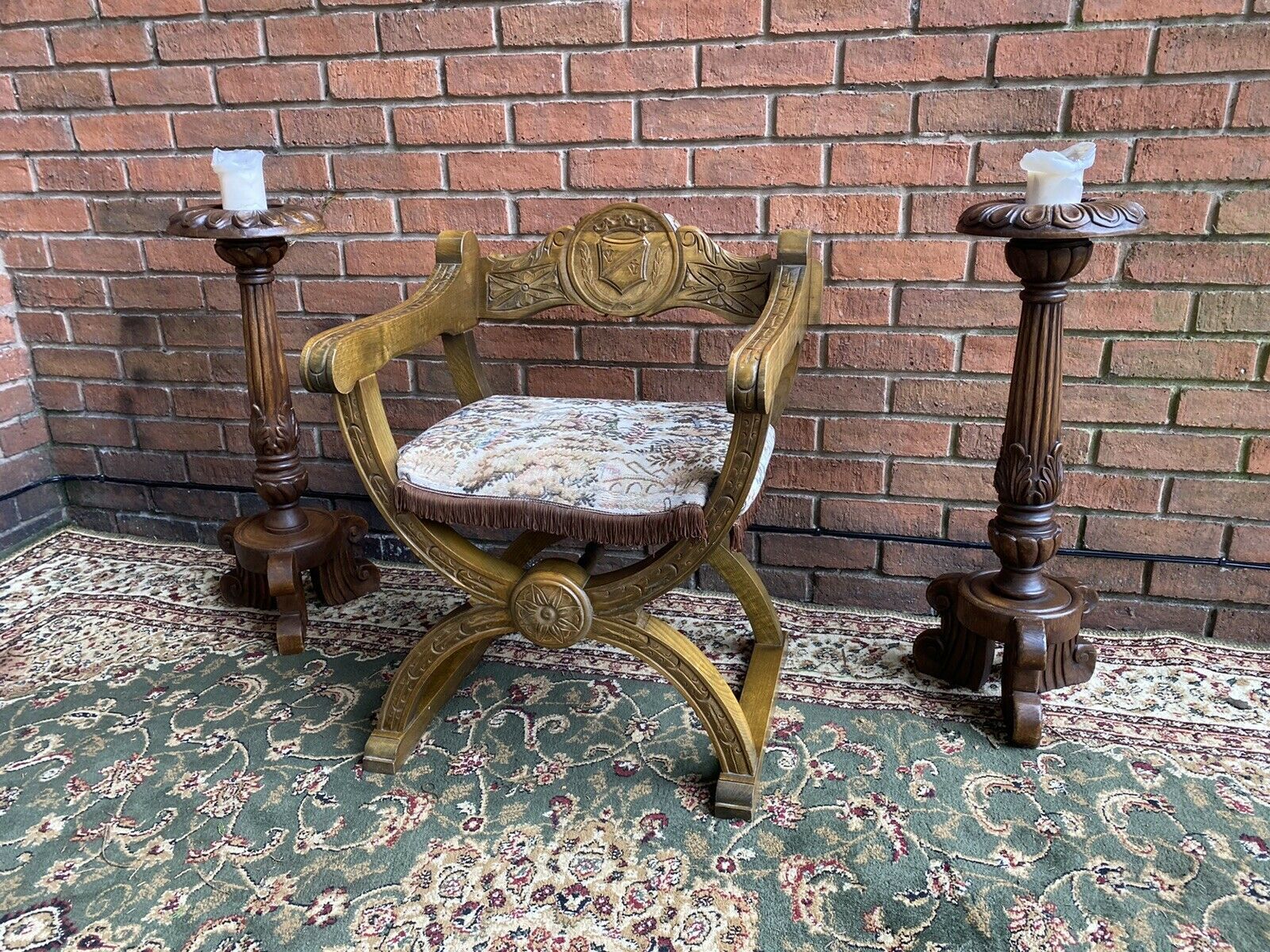 Spanish Carved Oak Cross Frame Hall Chair In Charles II Manor Circa 1890 photo for sale