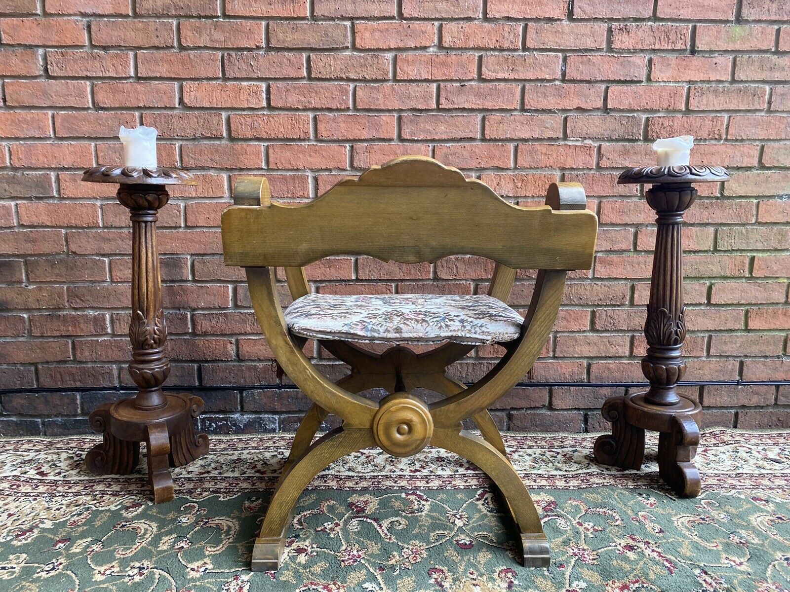 Spanish Carved Oak Cross Frame Hall Chair In Charles II Manor Circa 1890 photo vintage