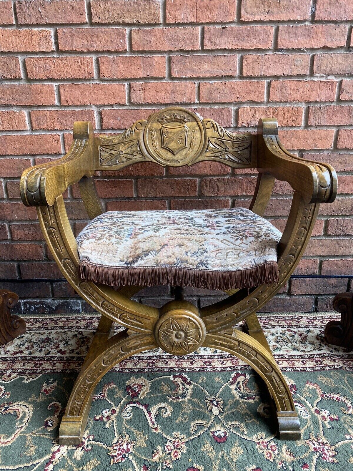 Furniture Spanish Carved Oak Cross Frame Hall Chair In Charles II Manor Circa 1890 photo