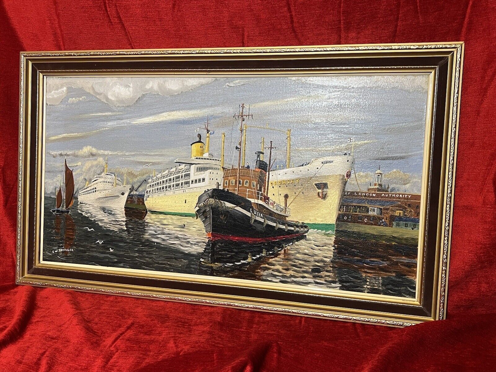 Fine 20th Century Maritime Port Of London Oil Painting By E W Shingler photo vintage