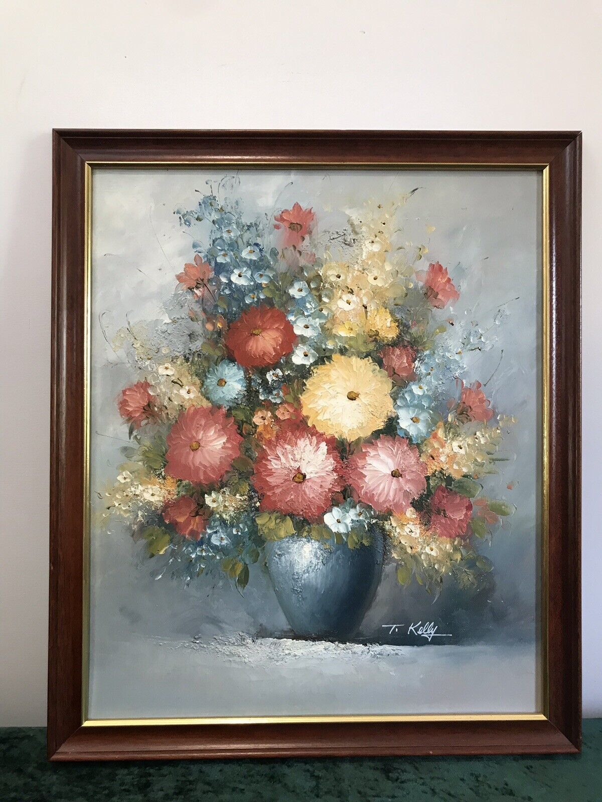 Original Oil Painting Still Life Vase Of Flowers Signed By Artist T Kelly photo furniture
