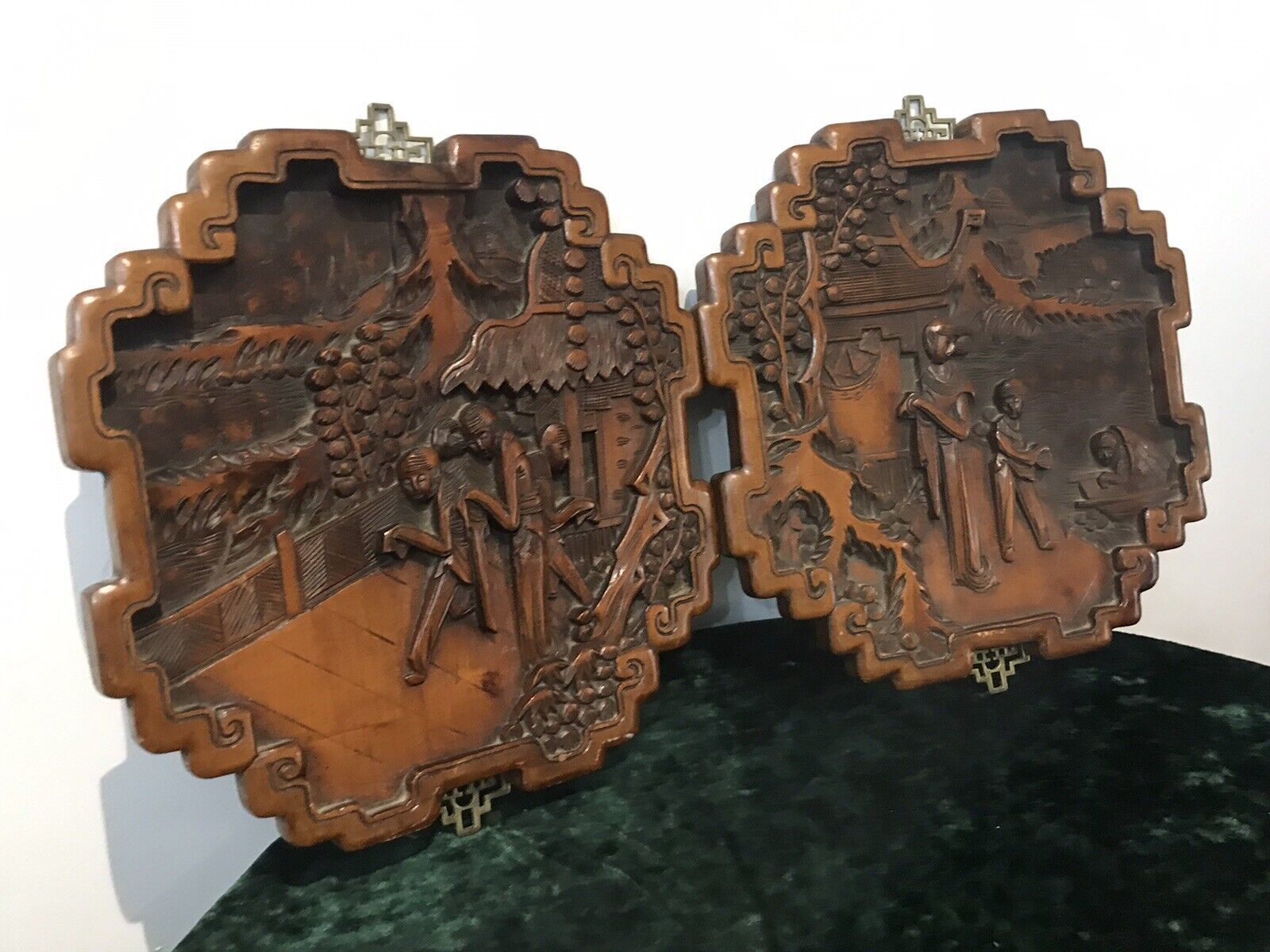 Fine Quality Pair Of Oriental Kang Si Style Hardwood Wall Plaques photo buy