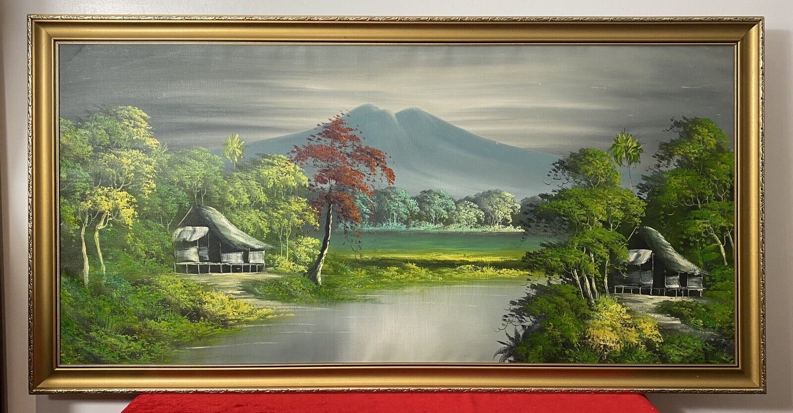 20th Century Indonesian Native Volcanic Settlement Landscape Oil Painting photo furniture