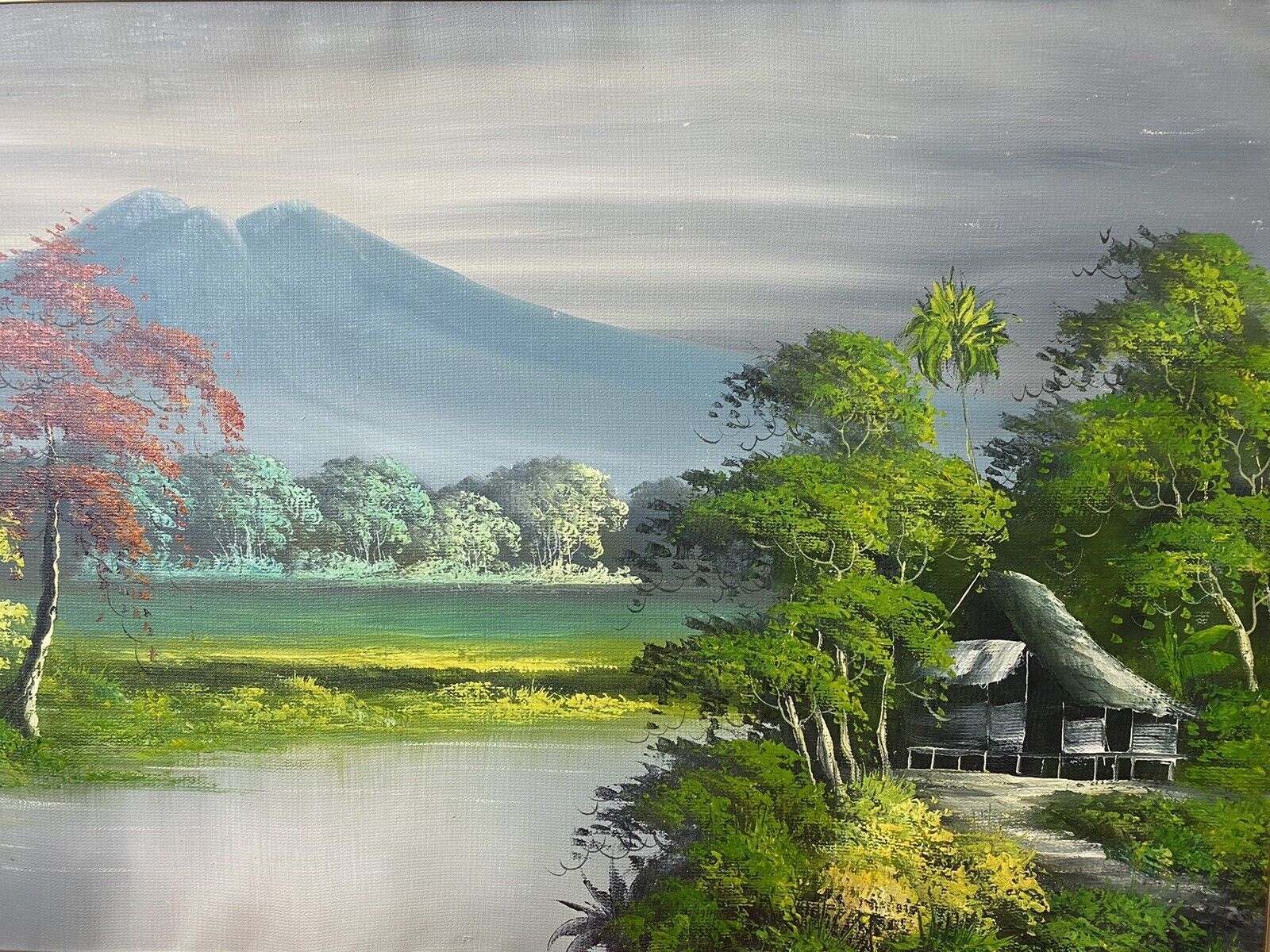 20th Century Indonesian Native Volcanic Settlement Landscape Oil Painting photo 350.0