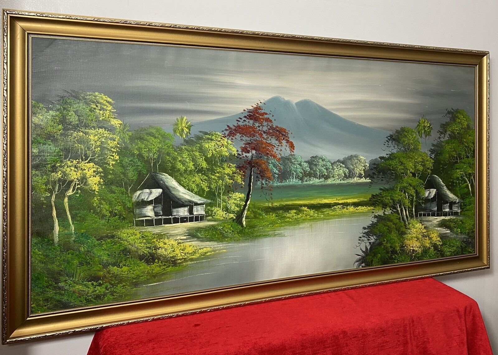 20th Century Indonesian Native Volcanic Settlement Landscape Oil Painting photo buy