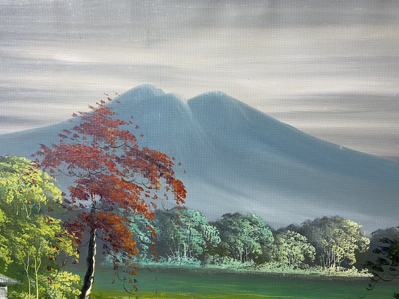 photo for sale 20th Century Indonesian Native Volcanic Settlement Landscape Oil Painting