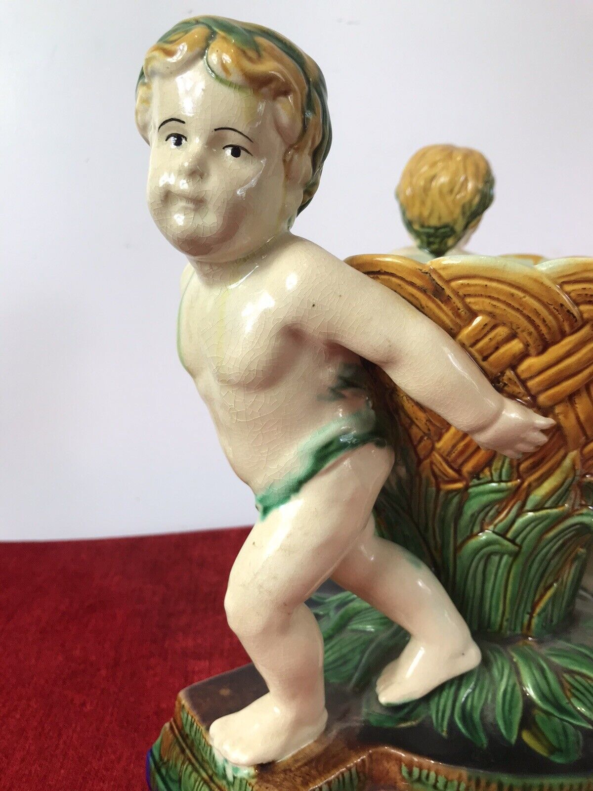 Italian Majolica Trio Of Cherubs Centrepiece With Green And Yellow Overglaze photo vintage