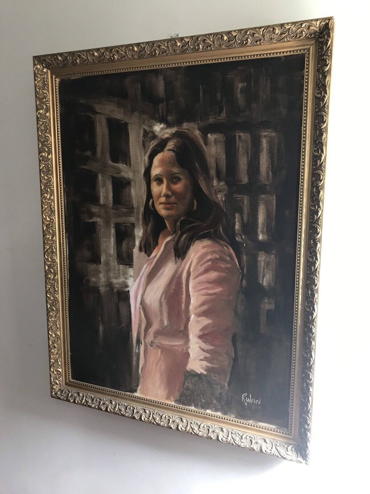 Portrait Of A Lady Oil On Canvas Set In Guilt Wood Frame Signed By Artist Rubin photo for sale