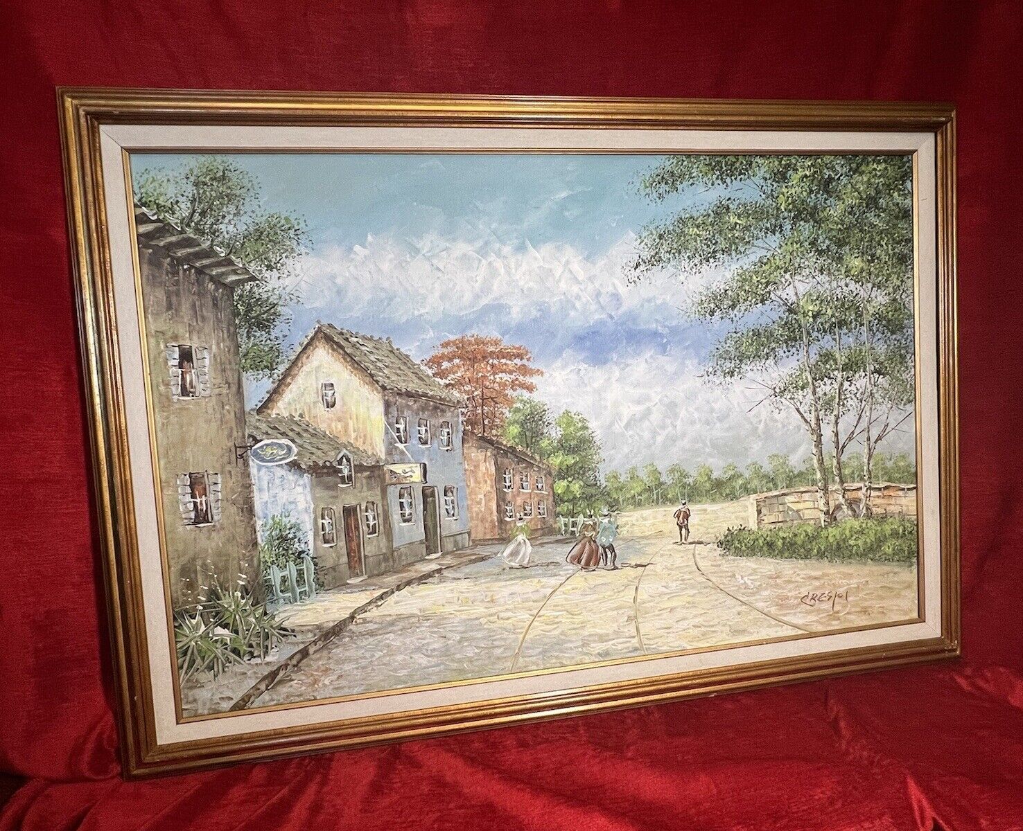 20th Century David Crespi 1928 1992 Mediterranian Village Scene Oil Painting photo for sale