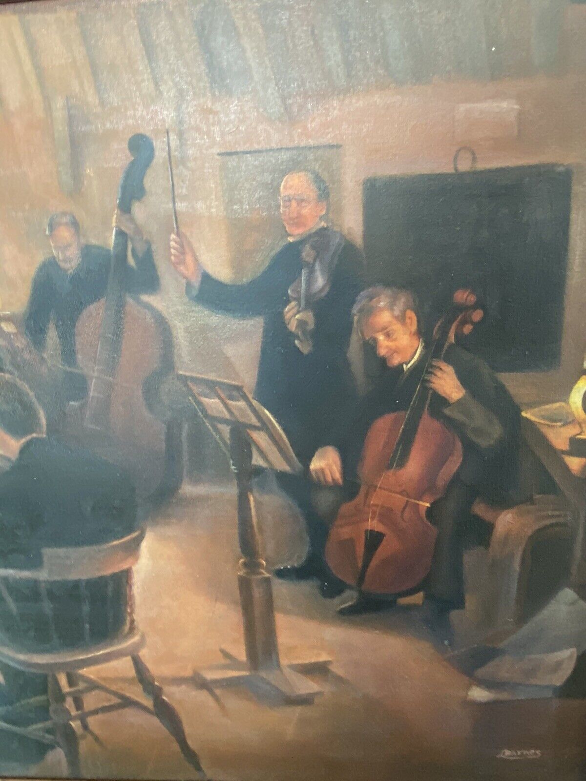 String Quartet Interior Scene Oil On Canvas Signed By Artist L Barnes photo Art