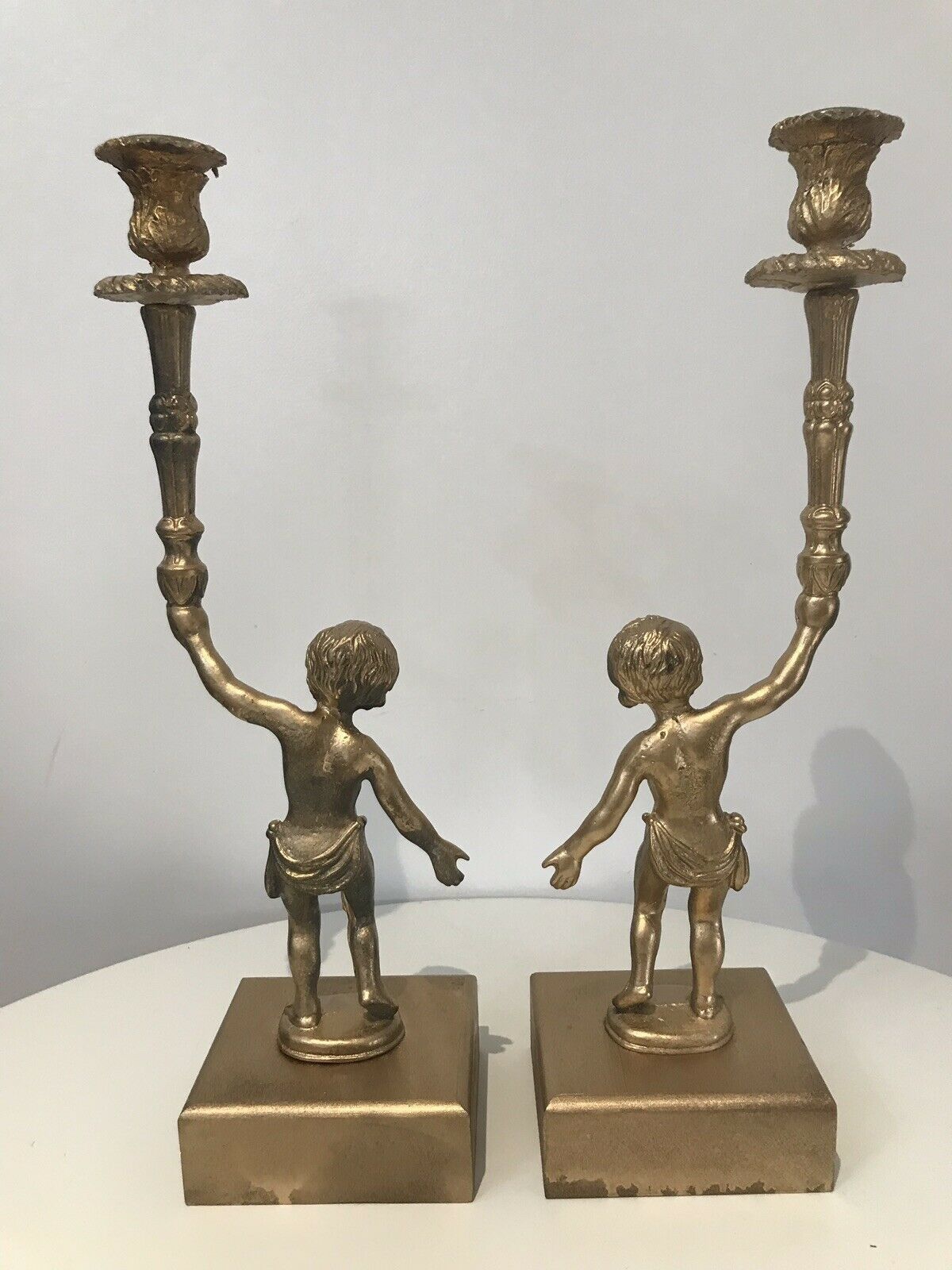 Stunning Pair Of Bronze Guilded Cherib Candelabras photo buy
