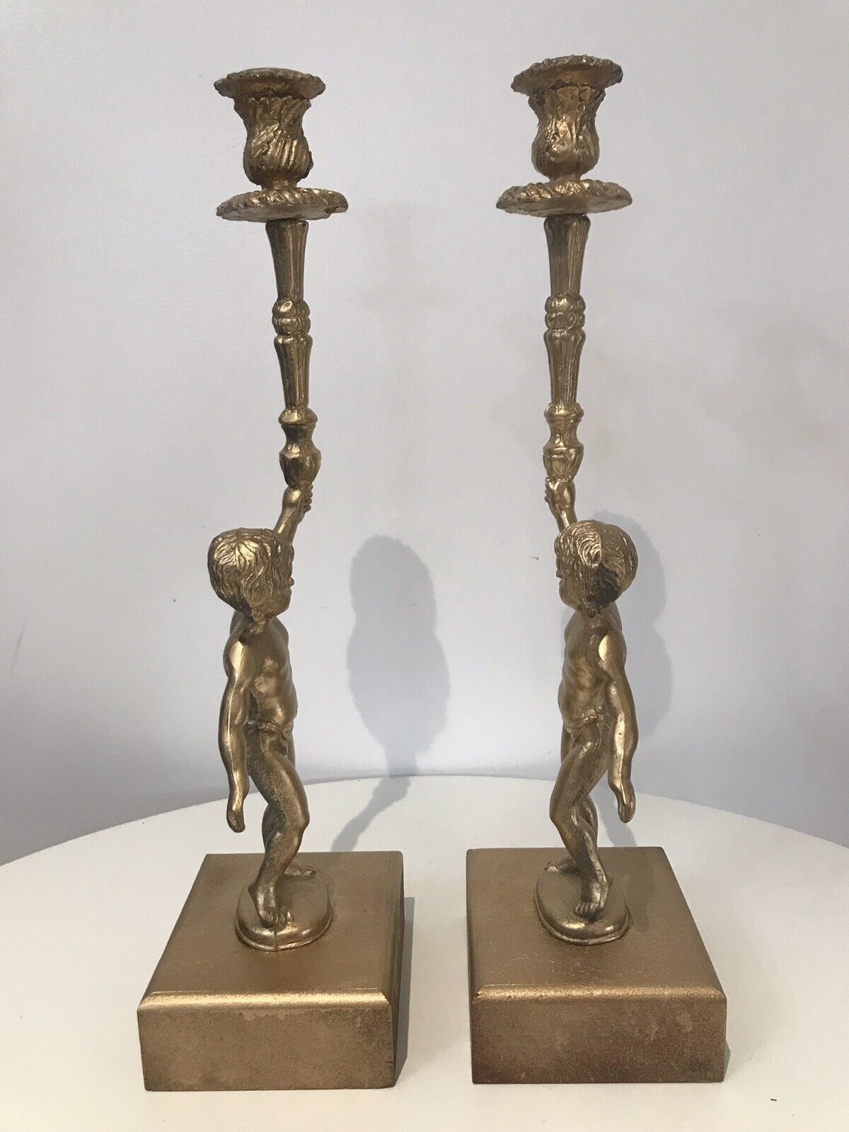 photo furniture Stunning Pair Of Bronze Guilded Cherib Candelabras