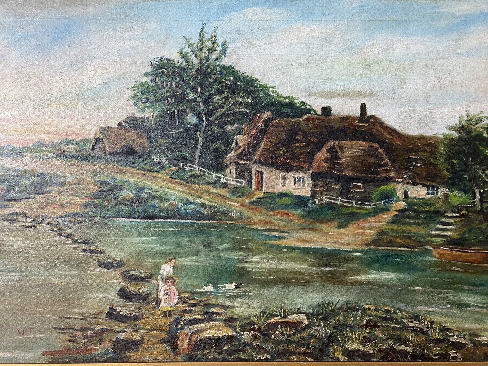 Original Oil Painting Of Thatch And River Crossing In Donegal Ireland Signed W.T photo 375.0
