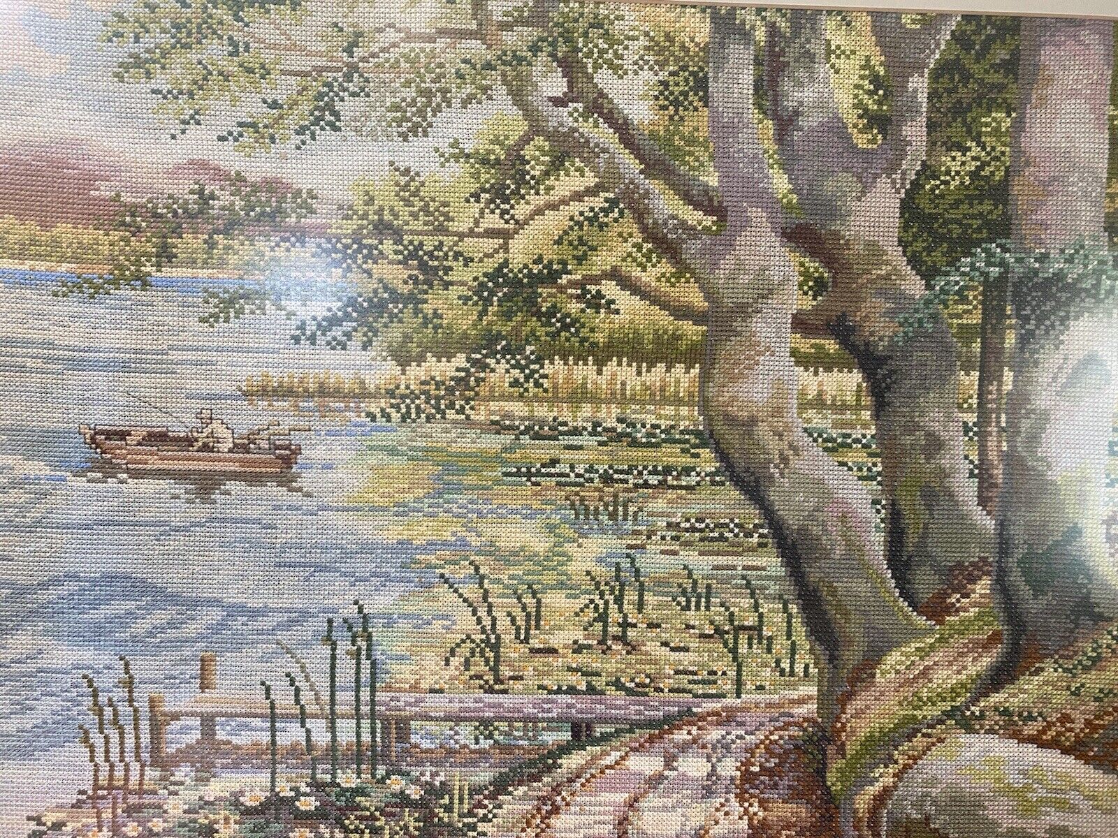 Hand Woven Lake Windermere Landscape Tapestry With Fisherman In Rowing Boat photo vintage