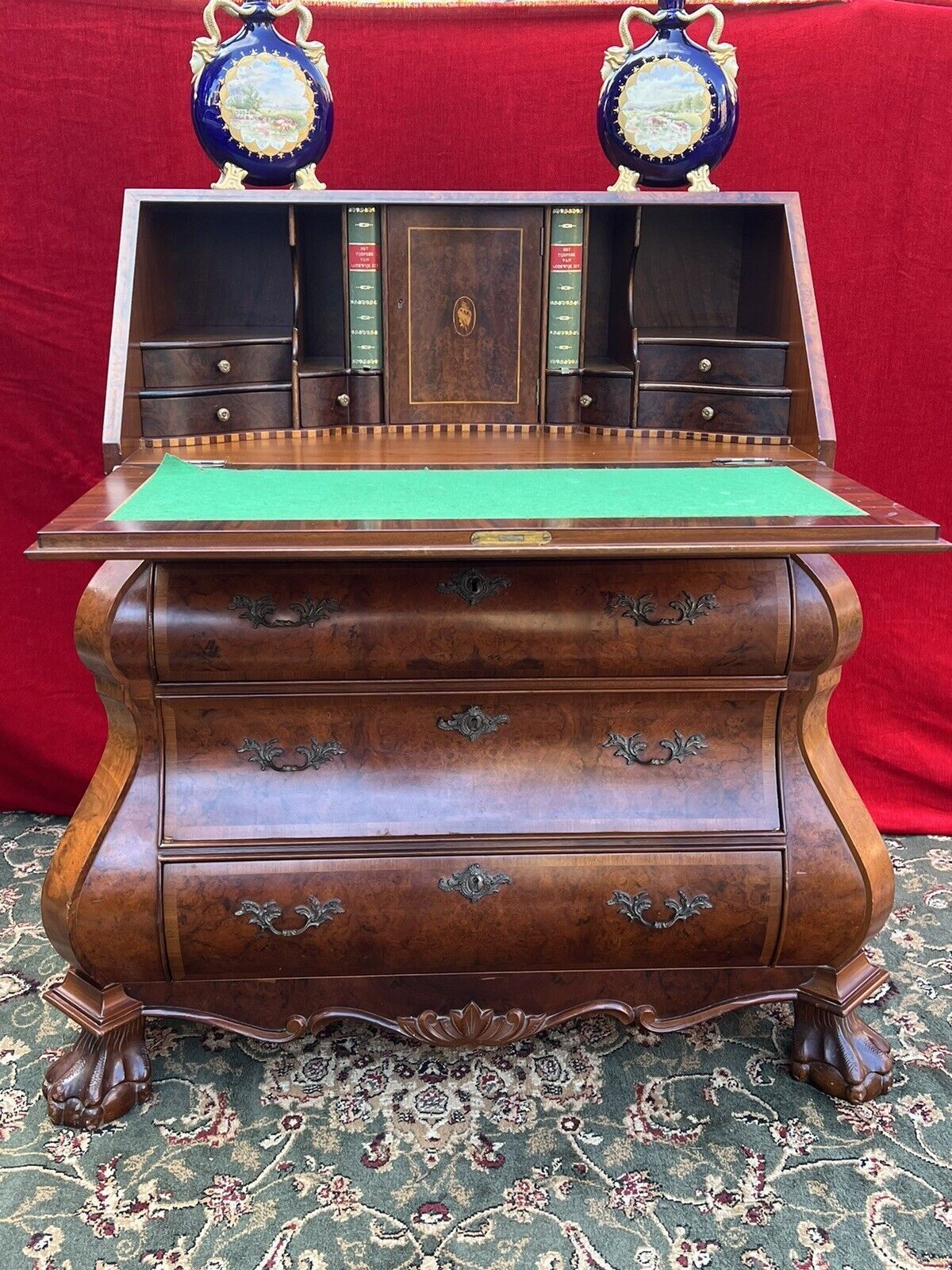 Fine Dutch Burl Walnut/Satinwood Inlay Bombe Writing Desk photo furniture