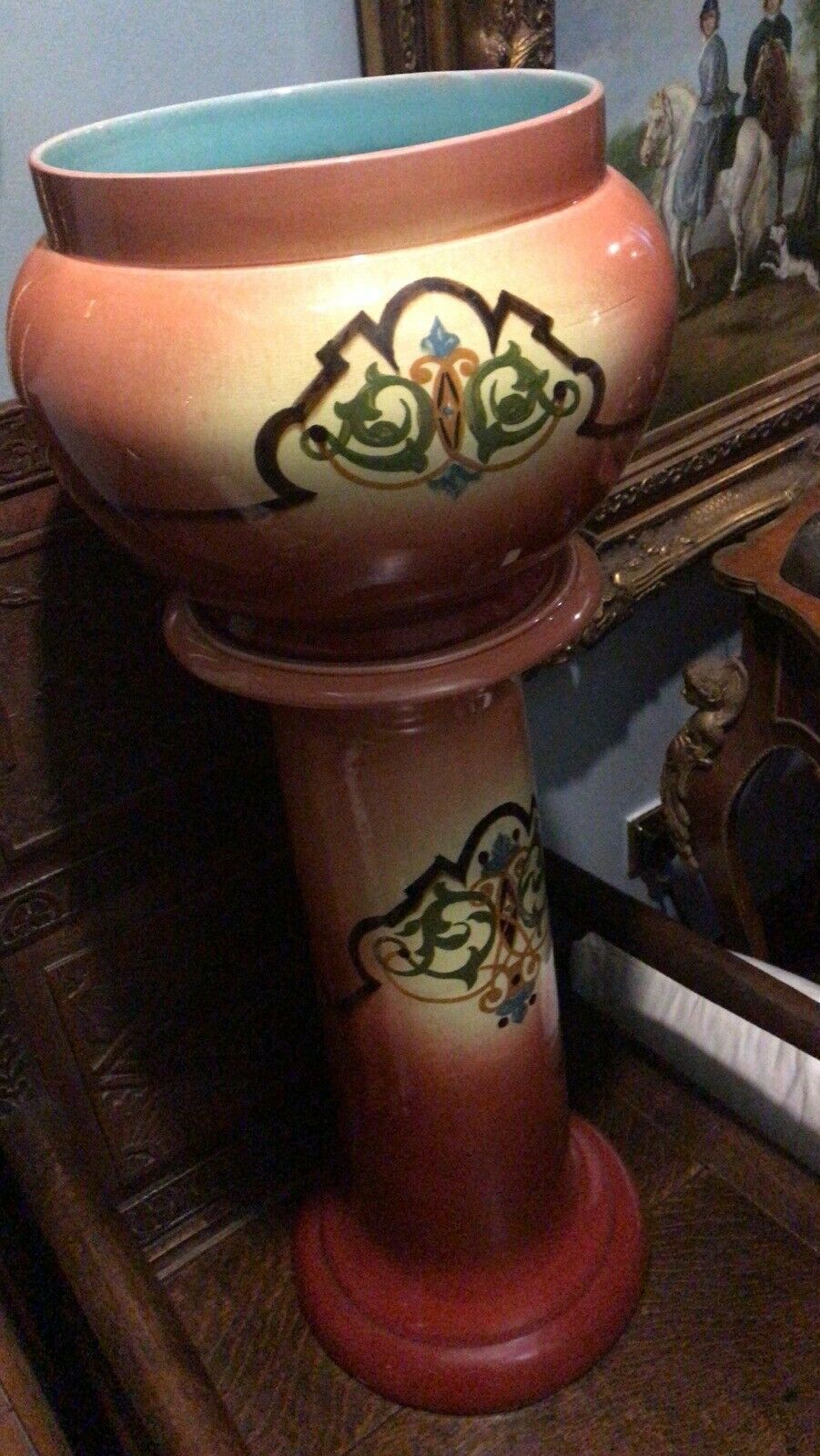 Moorcroft Style Edwardian Maroon Ombré Drip Glaze Floral Jardinière On Stand photo furniture