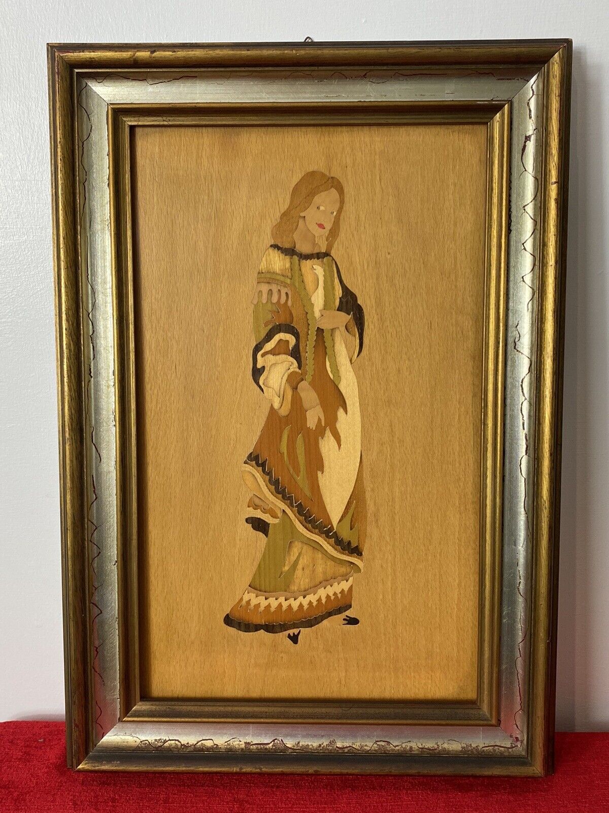 Pair Of Italian Early Medieval Noble Figures Marquetry Inlaid Plaques photo for sale