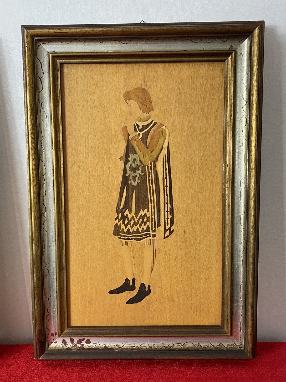 Pair Of Italian Early Medieval Noble Figures Marquetry Inlaid Plaques photo Art