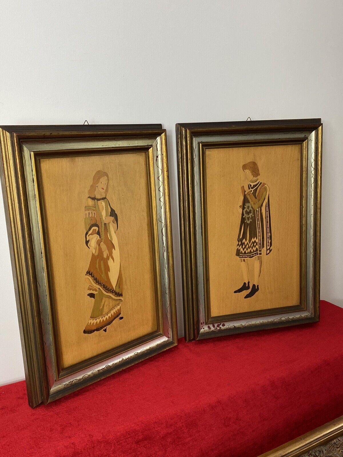 Pair Of Italian Early Medieval Noble Figures Marquetry Inlaid Plaques photo 275.0